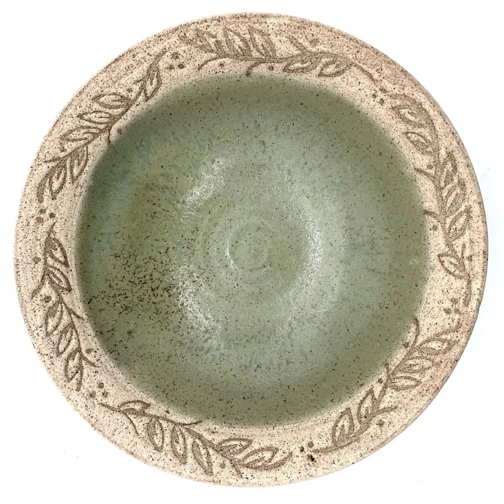 Studio Pottery Ceramic Bowl Signed JF Leaf Pattern Handmade Vintage 9.5 Inch